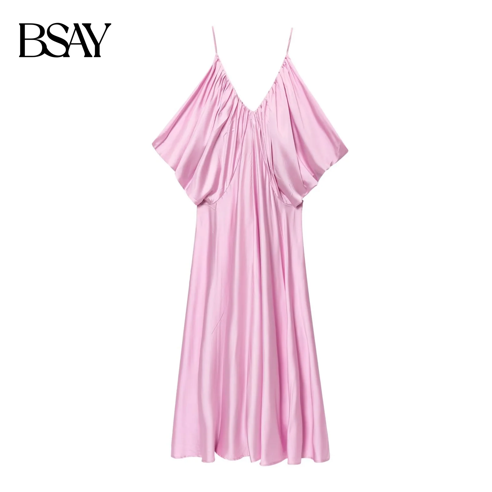BSAY فستان ستان ملابس نسائية صيف جديد 2025 مثير على شكل حرف v حبال وردي رداء أنيق فرنسي أنيق فستان سهرة طويل
