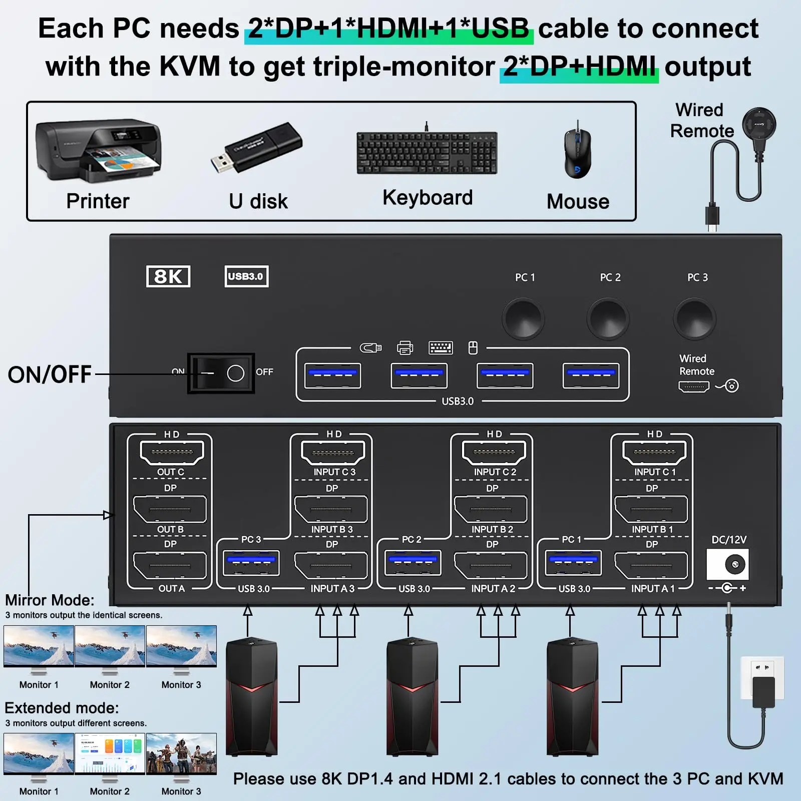 Imagem -03 - Monitores Comutadores Kvm Usb 3.0 Computadores 8k @ 60hz 4k @ 144hz Monitor Triplo Kvm com Portas Usb 3.0 Tripl Compatível com Hdmi