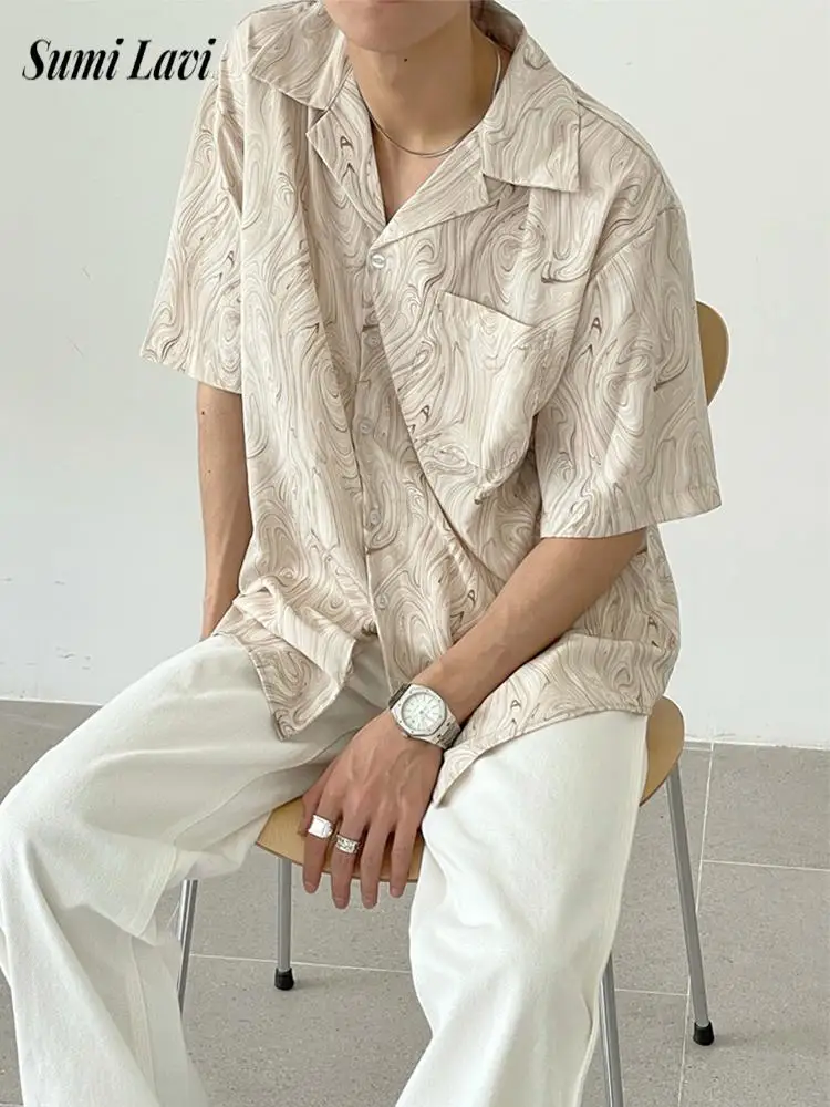 

Seaside Beach Outdoor Casual Mens Shirts Short Sleeve Turn-down Collar Buttoned Shirt For Men Summer Vintage Printed Cardigans