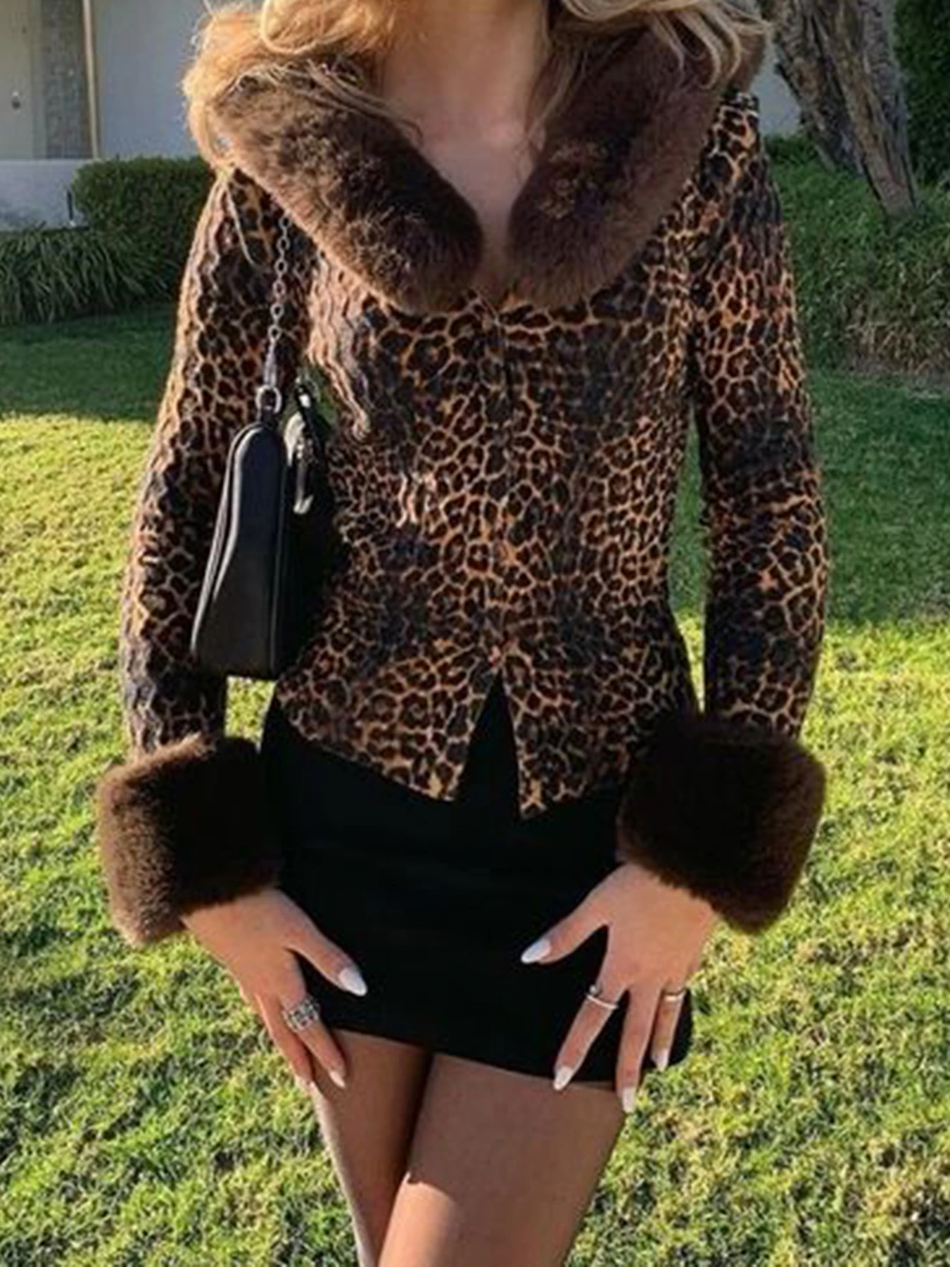 Sweetown Autumn Winter Warm Faux Fur Collar Women’s Coat Leopard Spliced Button High Streetwear Chic Trendy Cloths