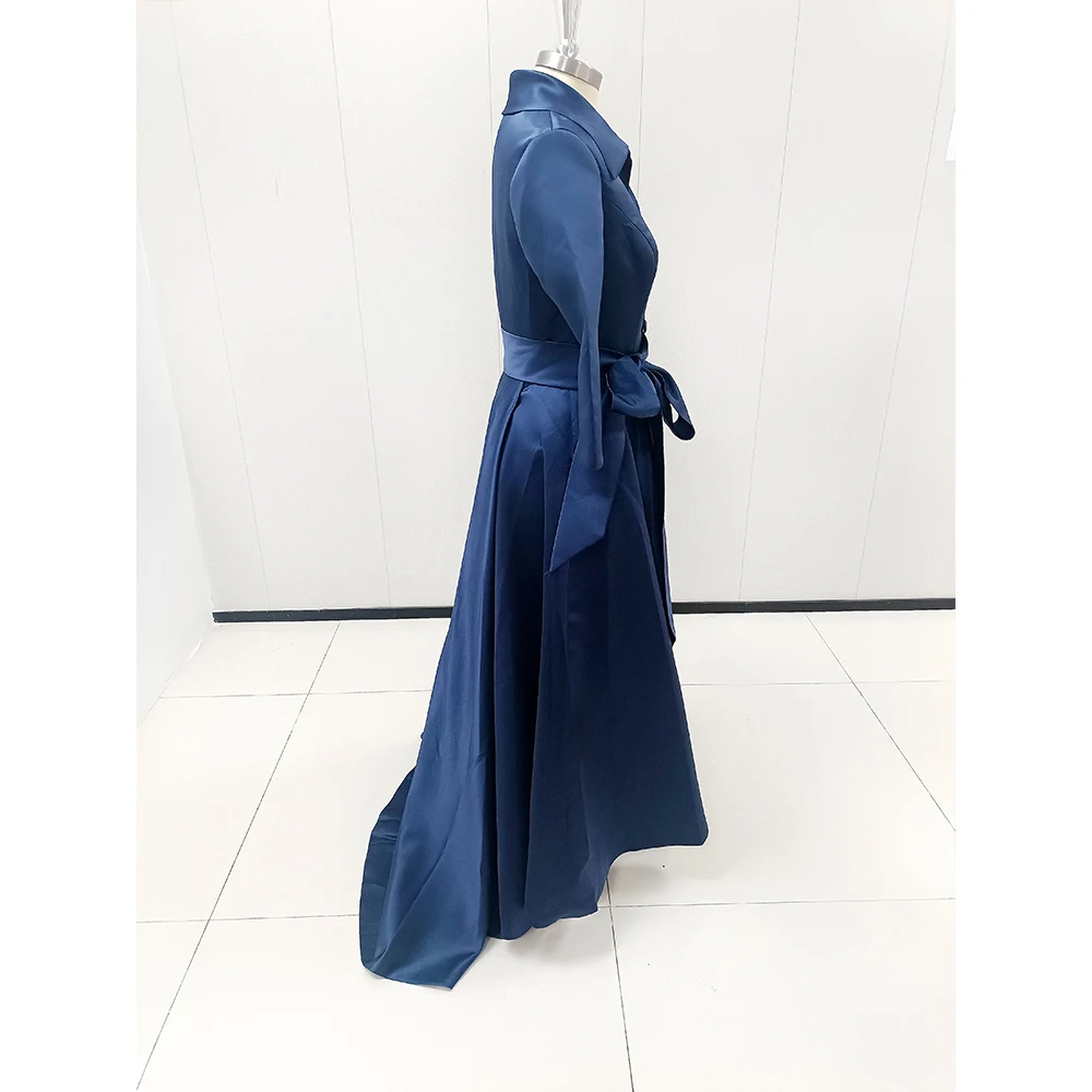 Formal Dress Women Charming Dark Navy Mother of The Bride Dresses Elegant V-Neck A-line Bow Belt Wedding Party Robes Sleeves