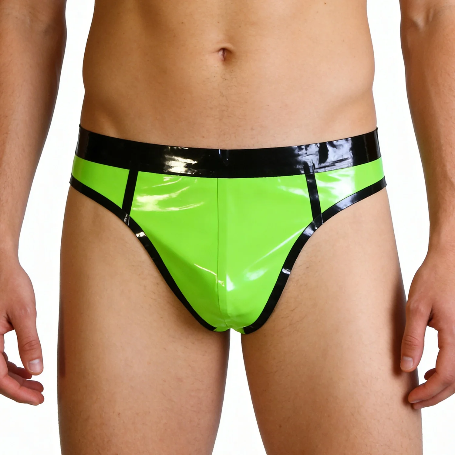 

Сексуальные латексные мужские трусы Gummi, зеленые и черные эффектные мужские резиновые блестящие трусы, брифы ручной работы RLPM076