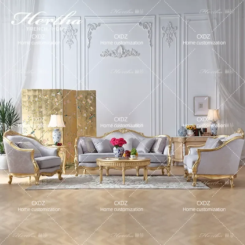 Small Fabric Sofa Set European Style All Solid Wood Large Flat Living Room Furniture with Gold Foil Accent Modern Home Decor