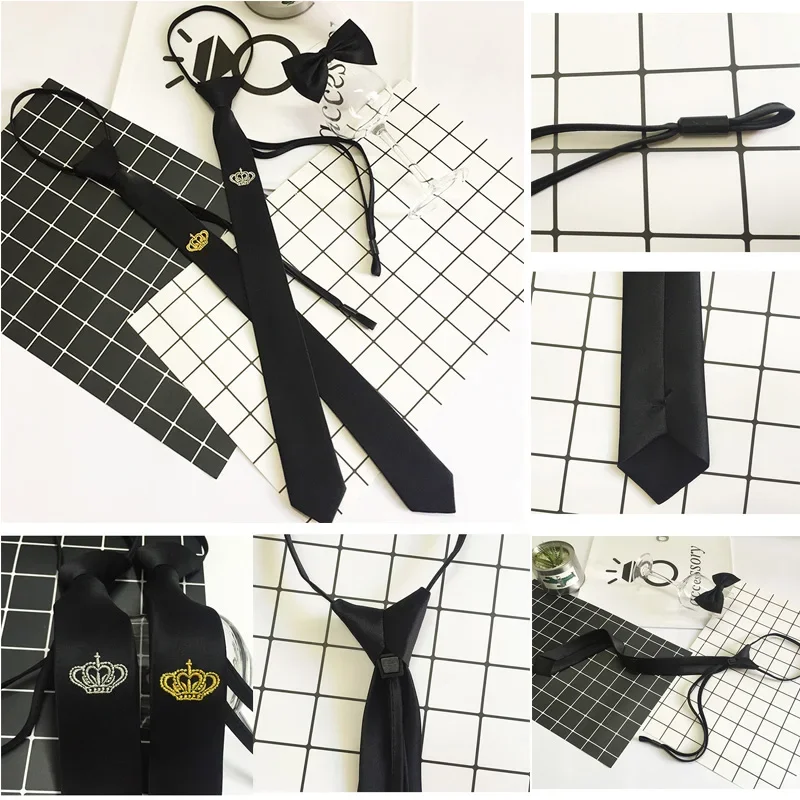 Fashion Men\'s Skinky Tie Gold Silver Crown Embroidery Slim Black 5cm Lazy Zip Party Necktie Casual Wedding Gifts Accessories