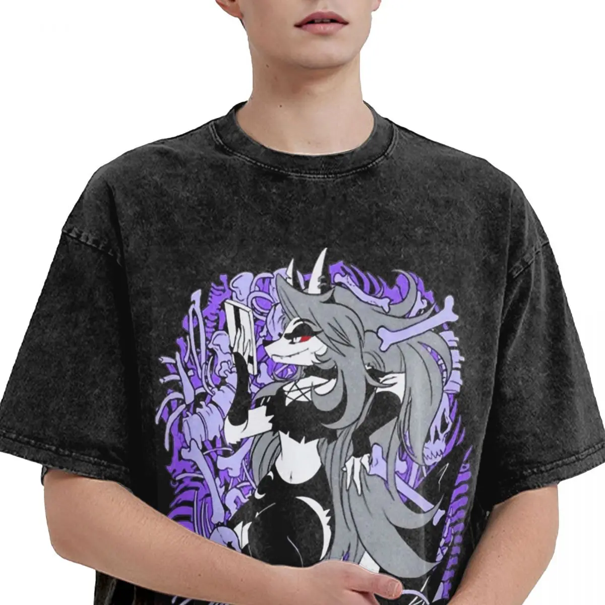 تي شيرت مغسول كبير الحجم H-Helluva Boss Loona تي شيرت فضفاض تي شيرت هيبي للرجال صيفي Y2K تصميم ريترو #3