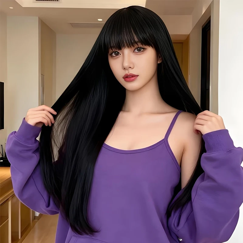 28-inch synthetic black long straight-haired wig with fringe, designed for women’s everyday styling