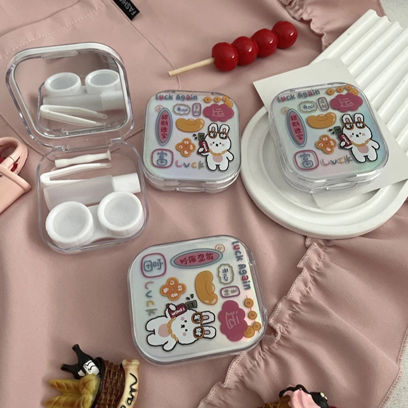 Cute Cartoon Contact Lenses Case, Beauty Pupil Care Box, portátil simples Contact Lens Box, Kit de viagem para a menina Presentes