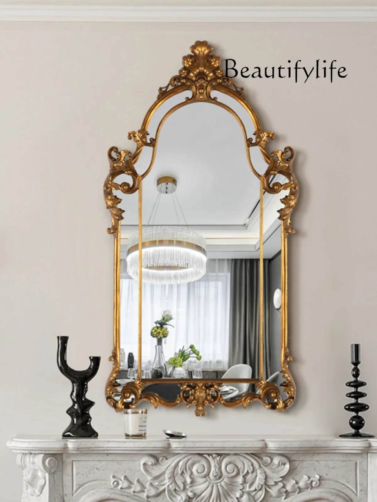 French Vintage Style Mirror Bathroom Wall-Mounted Cosmetic Mirror Master Bedroom Carved Dressing Mirror Fireplace