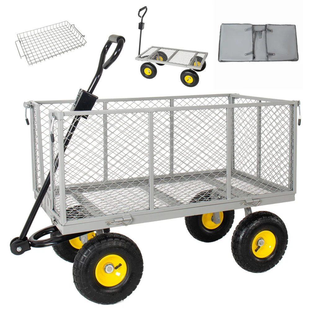 

4-in-1 Oversized Steel Dump Cart 880lbs - All-Terrain Cart with Removable Liner, Panels & Mesh Tray, Gray
