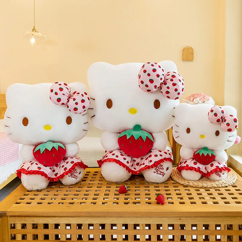 Sanrio Fruit Strawberry Cartoon Bow Knot Kawaii Hello Kitty Cat Doll Plush Toy Cute Children'S Doll Cloth Doll Gift Wholesale