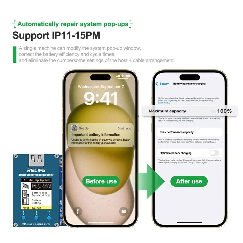 RELIFE XA2 Pro Battery Efficiency Pop Up Tester for IPhone 11-15 Pro max Battery Health Detection Resolving Pop-up Window Issues