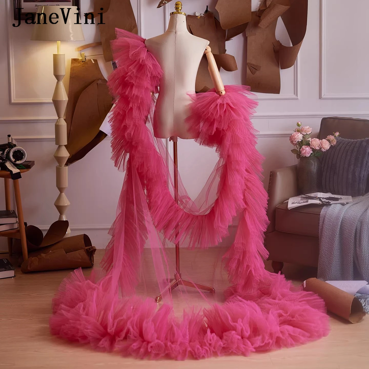 JaneVini - Capa de novia rosa intenso para mujer, abrigo largo con cola, de tul, elegante, para noche, tipo bolero