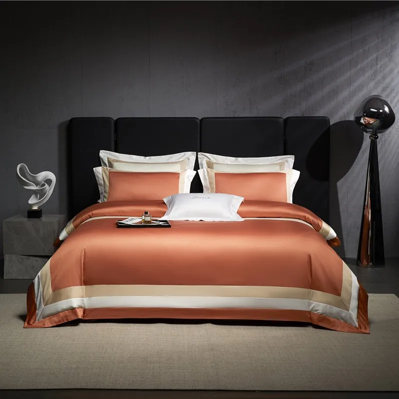 

4Pcs 100%Egyptian Cotton 1000TC Bedding Set Queen King Frame Patchwork Orange/White Color Duvet Cover Bed Sheet Pillowcases