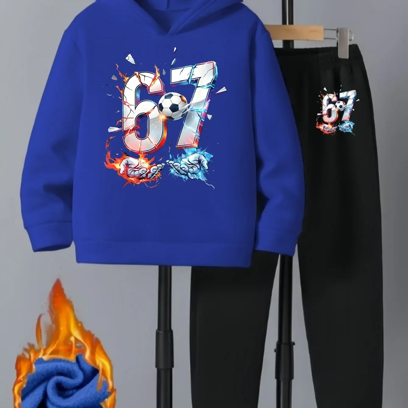 A Cool Two-Piece Set for Boys Featuring a Hooded Long-Sleeve Top And Long Pants Designed with a SIX SEVEN 67 Element Pattern