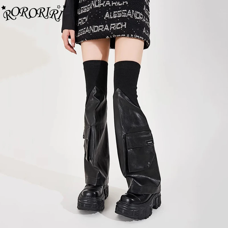 RORORIRI Cargo Pockets Leather Black Leg Warmers Women Rib Knit Stitch Boot Covers Thigh Long Socks Steampunk Gothic Clothing