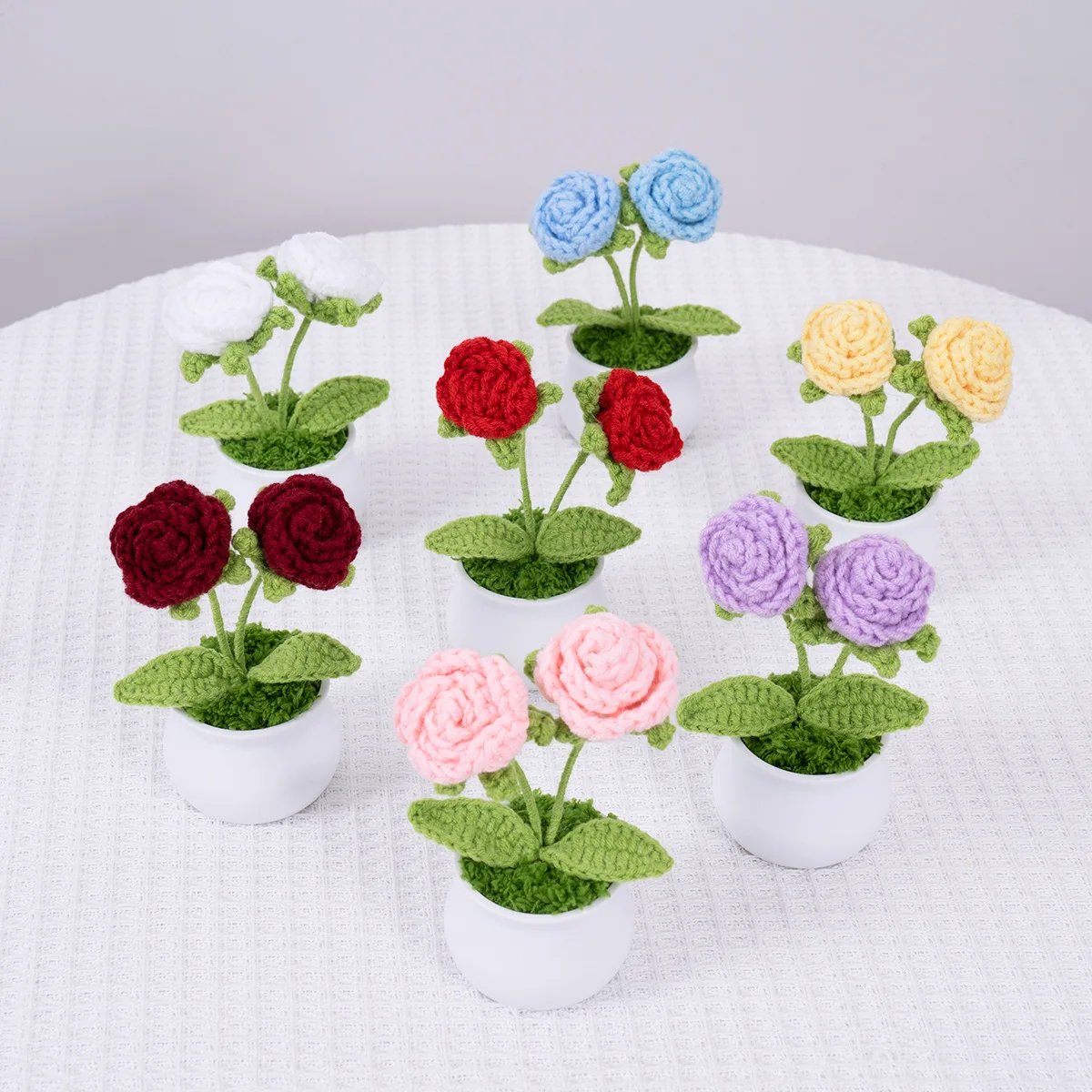 Rose small pot handmade yarn weaving DIY bonsai fake flower office decoration car decoration simulation flower