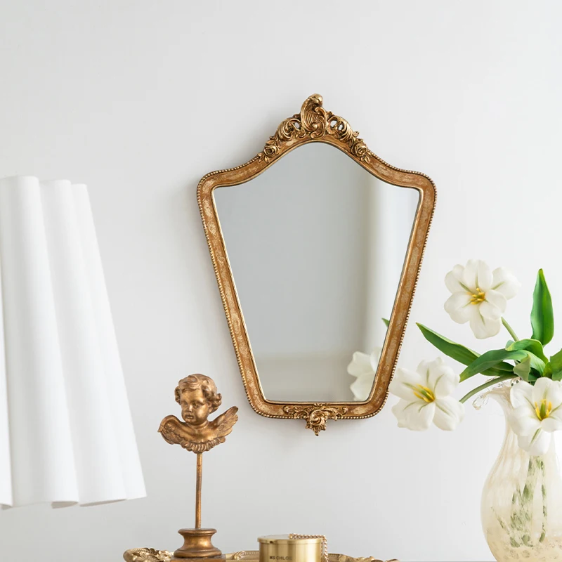 Baroque Gold Vanity Mirror Antique Resin Wall Art with Floral Carving Luxury Dressing Table Decor for Bedroom Vintage Mirrors