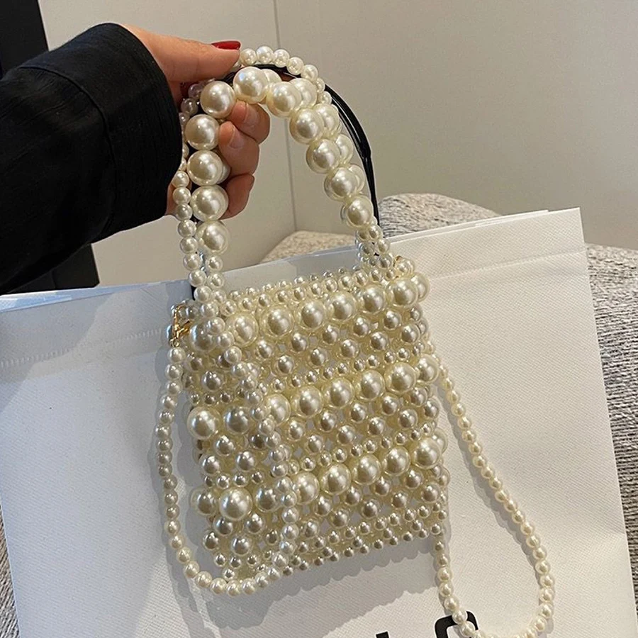Beaded Woven Handle Evening Clutch Bag Hollow Party Wedding Purse Pearl Handbag Summer Pearl Chain Phone Lipstick Crossbody Bag