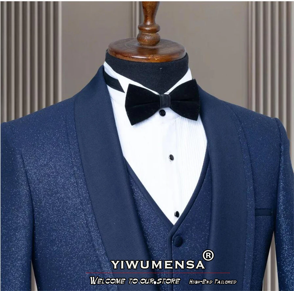 Classic Groom Wedding Suits For Men Skinny Sparkly Shawl Lapel Jacket Vest Pants 3 Pieces Men's Tuxedos Customized Man Clothing