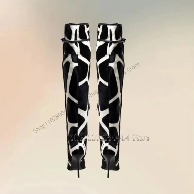 

Black White Zebra Print Pointed Toe Boots Side Zipper Women Shoes Thin High Heels Novel Fashion Banquet 2026 Zapatos Para Mujere