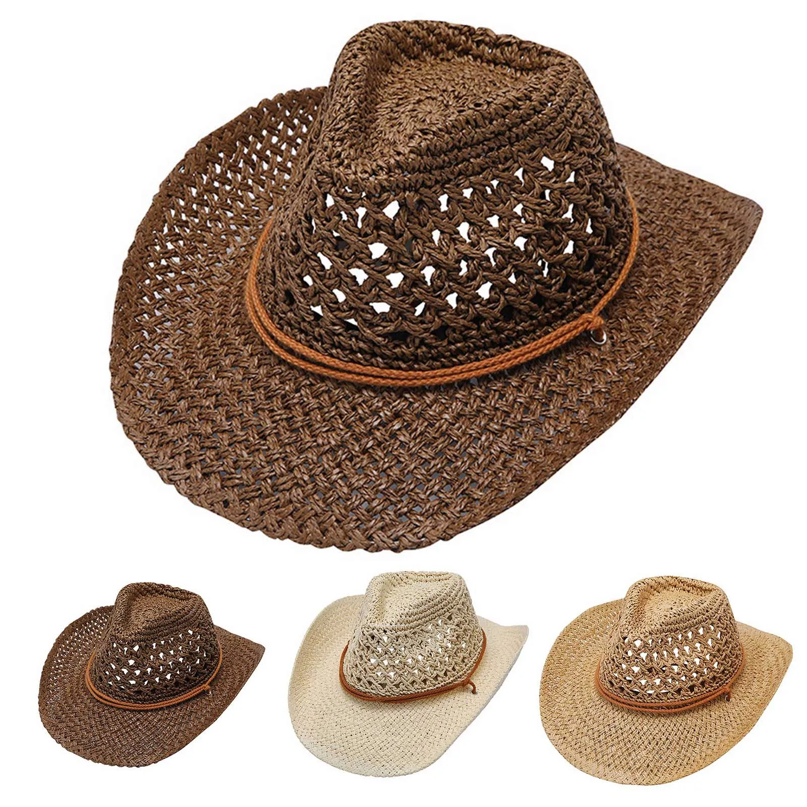 Straw Western Cowboy Hat for Women Men Classic Vintage Hollow Out Unisex Curled Wide Brim Sun Hat Fishing Hat Climbing Cap