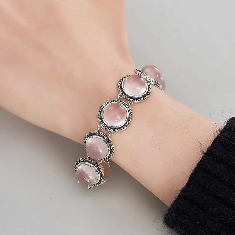 S925 Sterling Silver Charms Bracelets for Women Pink Crystal Red Corundum Micro Marcasite Hand String Jewelry image 5