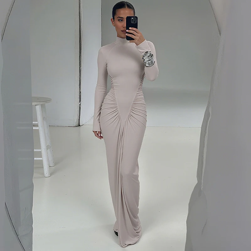 

TARUXY Elegant Wrinkles Long Dress Women's Solid Turtleneck Slim Long Sleeve High Waist Dress Autumn Fashion Lady Evening Dress