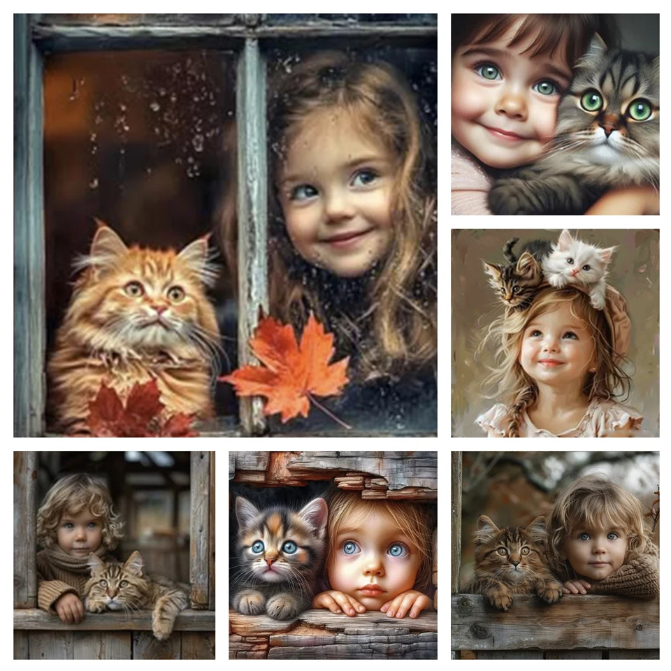 

Diy 5d Diamond Painting Art Girl and Cat Full Circle Square Drilling Embroidery Mosaic Rhinestone Cross Embroidery Decoration