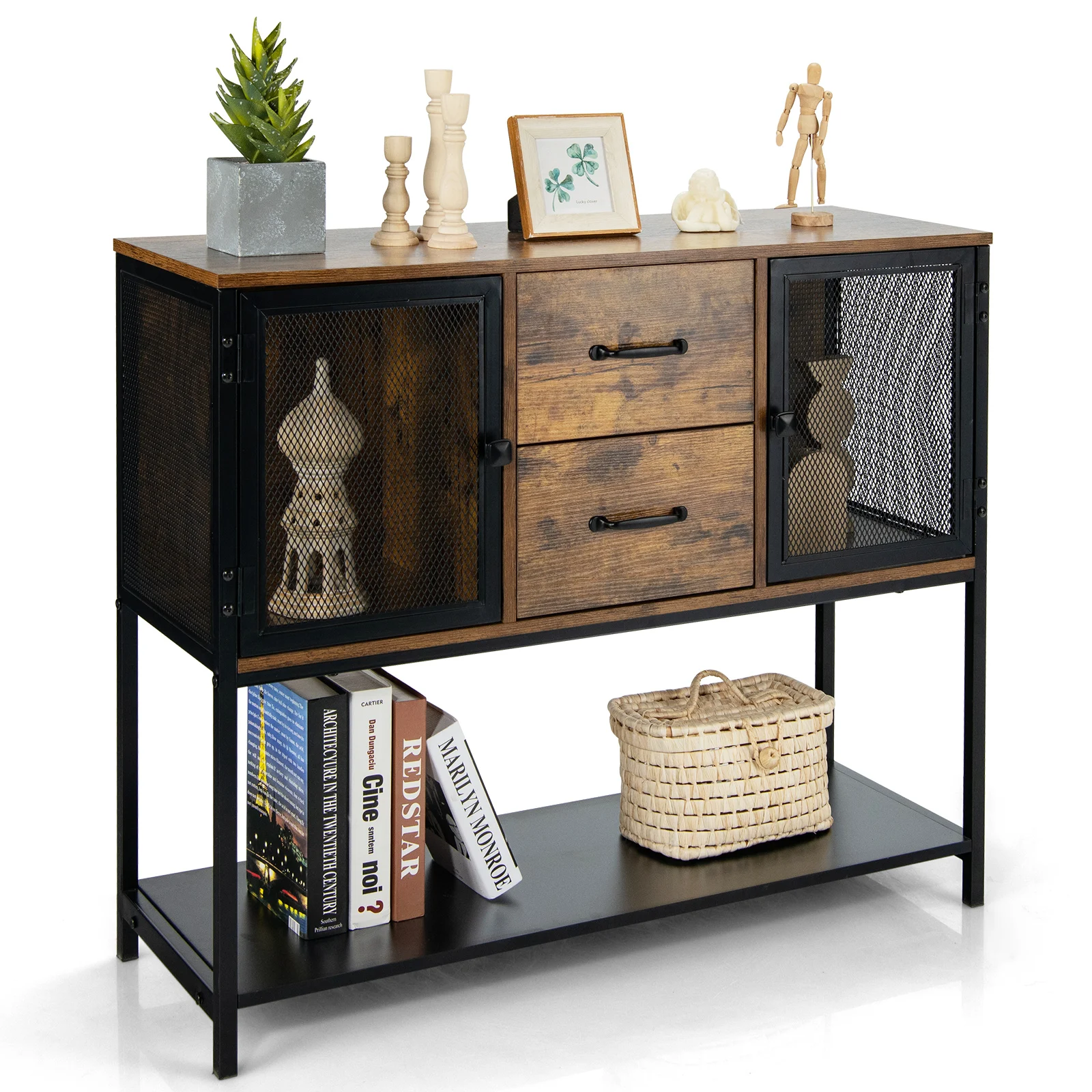 Industrial sideboard, console table with 2 lattice cabinets and 2 drawers, side table table 100x35x85cm