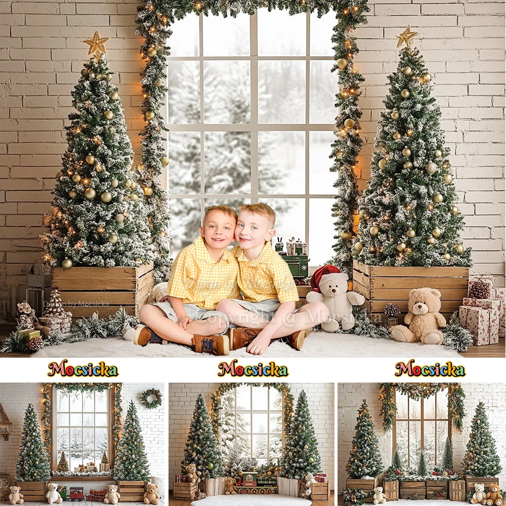 Рождественский фон для фотосъемки с окном, рождественская елка, игрушка в подарок, медведь, белый фон с кирпичной стеной, зимний детский фон для фотосессии на день рождения, студия