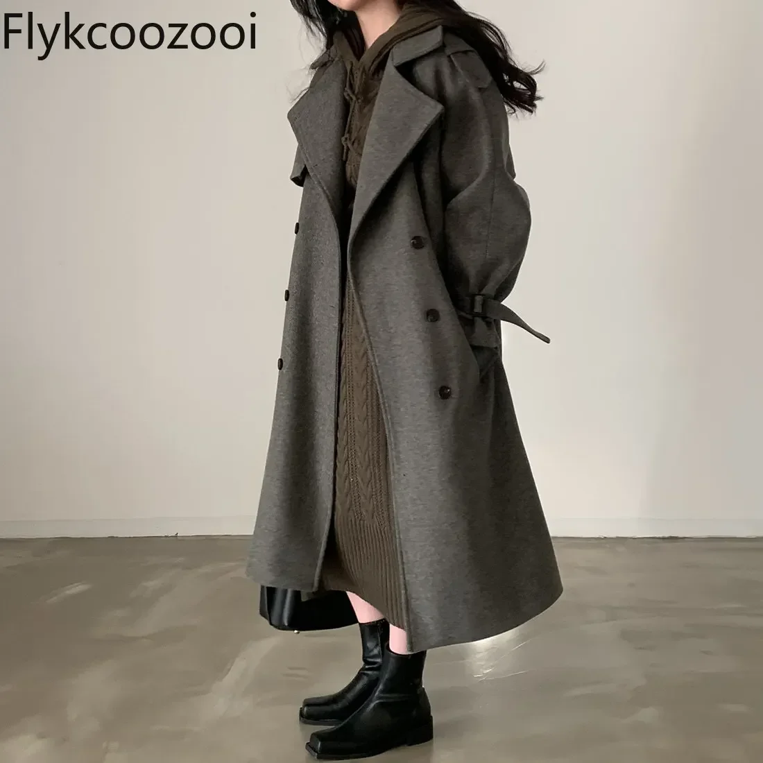 Abrigo De lana grueso De longitud media para mujer, Casaco De invierno, moda Popular, doble botonadura, con cordones, otoño
