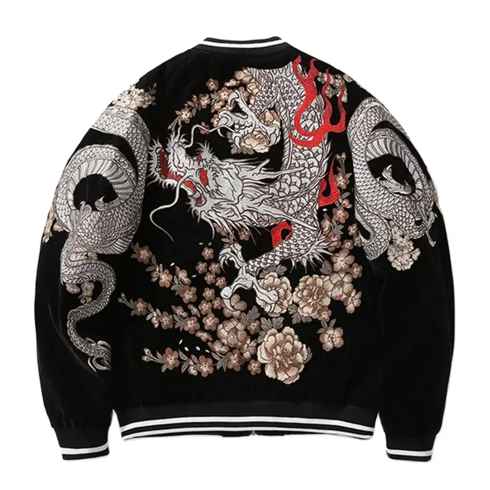 High Street Men Boys Sukajan Souvenir Jacket Dragon Embroidered Loose Coats WineRed Black Streetwear Fashion Hip Hop