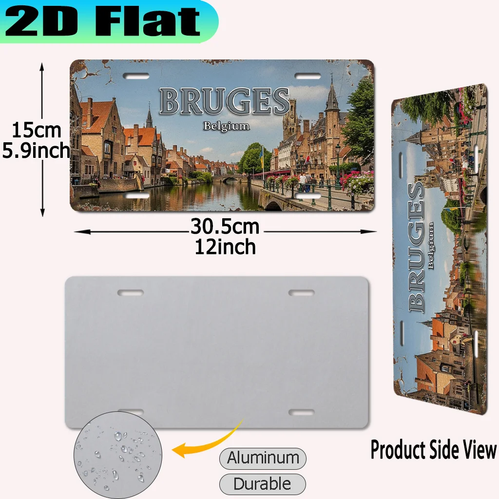2D Flat, 2D Flat - 2D Flat 1pc 2D Flat Bruges  Aluminum Sign License Plate | 12.0x6.0inch,  Urban Style, Travel Enthusiast Gift,