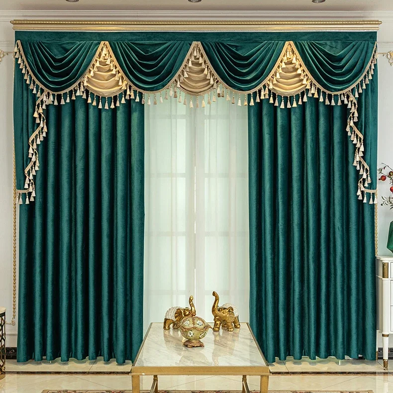 Custom High-end European Blackout Velvet Curtains Villa Living Room Bedroom Floor-to-ceiling Windows Valance Peacock Blue Cloth