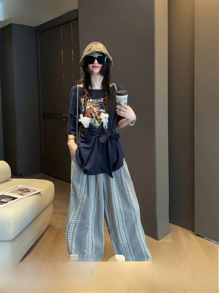 

Женские повседневные брюки в стиле ретро, свободные, универсальные, летние, новинка 2025 года, прямые широкие брюки с завышенной талией для офиса