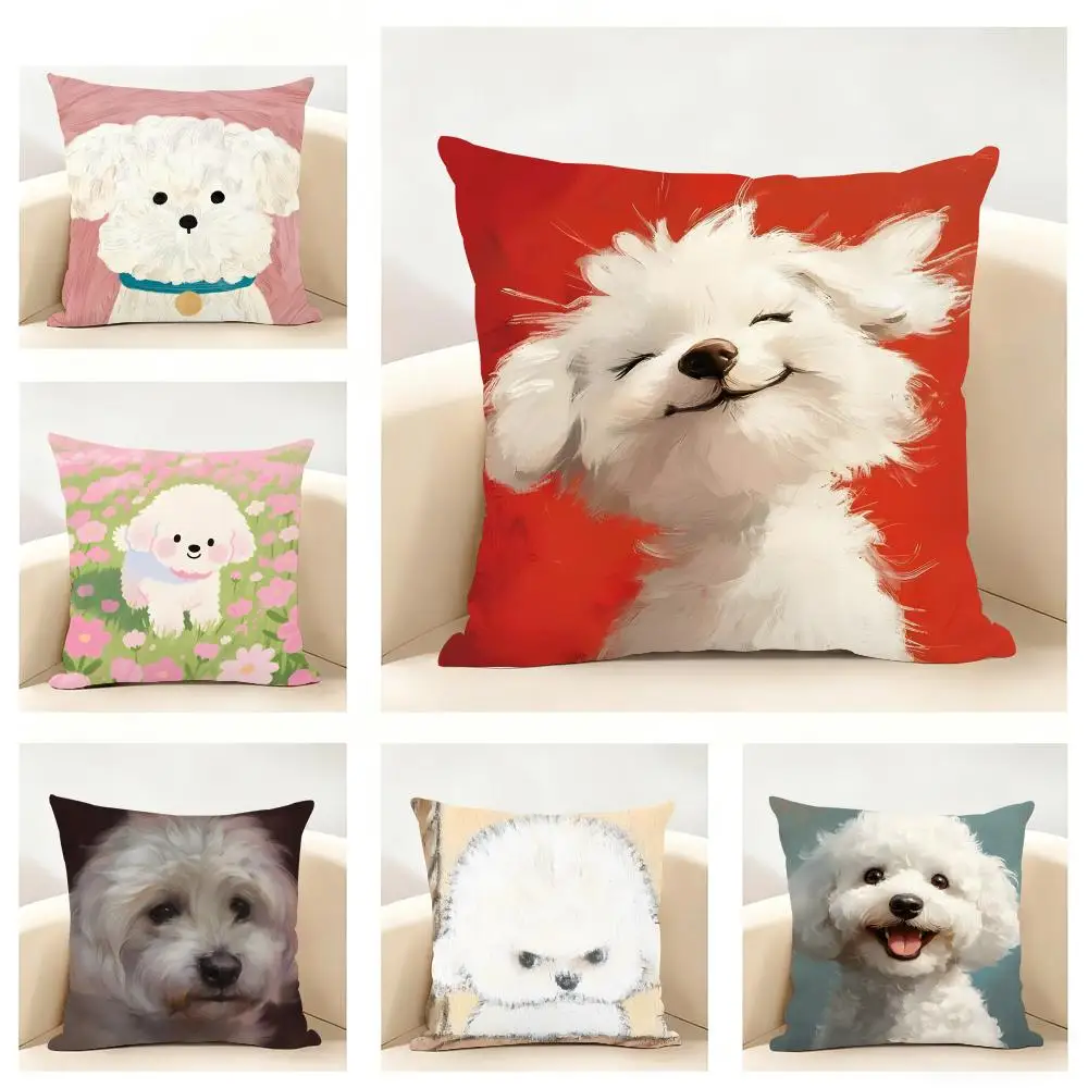 B-Bichon Frise Cushion Cover Linen Pillowcase Soft  for Sofa Bed Home Room Decor