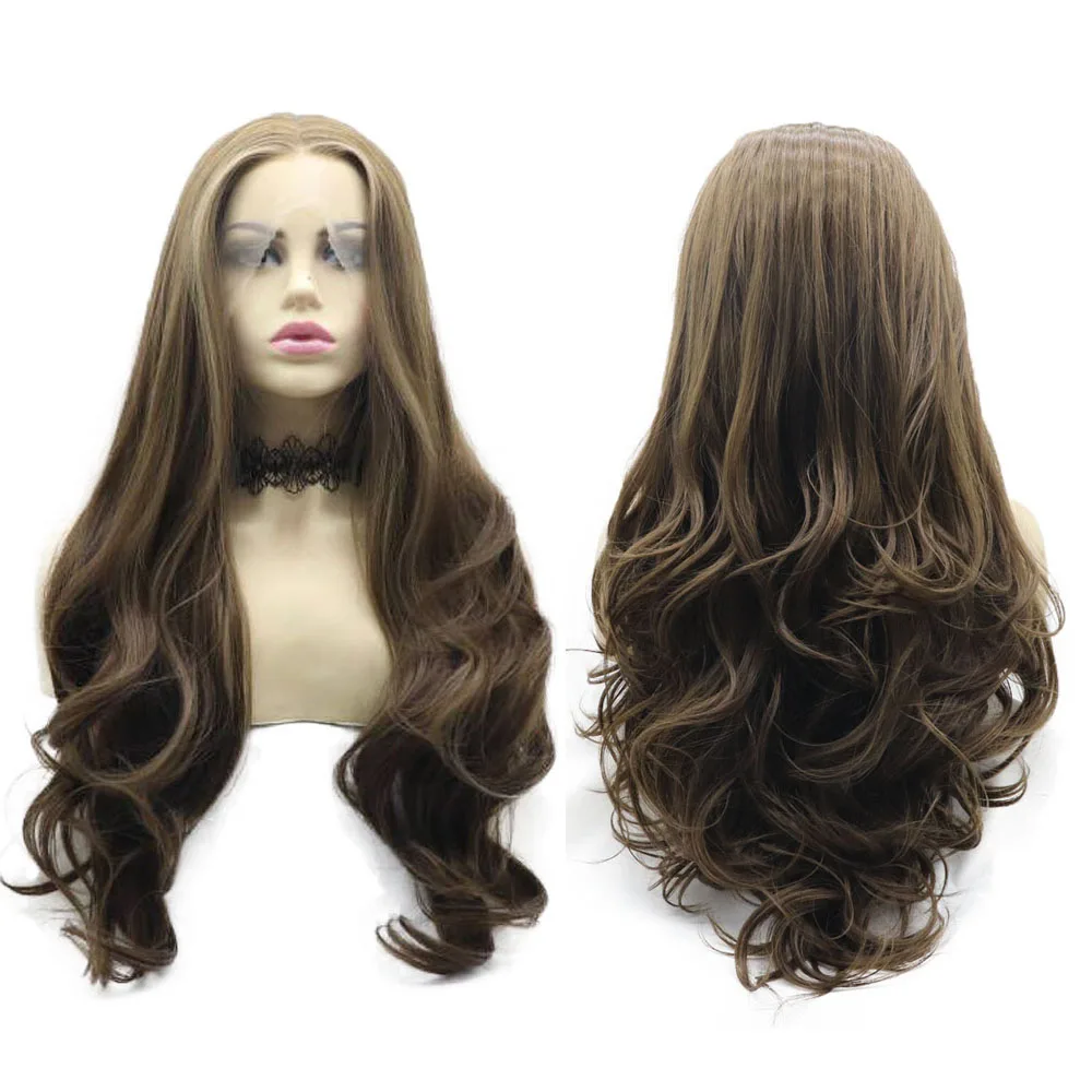 1Pcs 24inch Dark Brown Synthetic Lace Front Wig Middle Parting Hairstyle Heat Resistant Fiber Wavy Hairs For Women