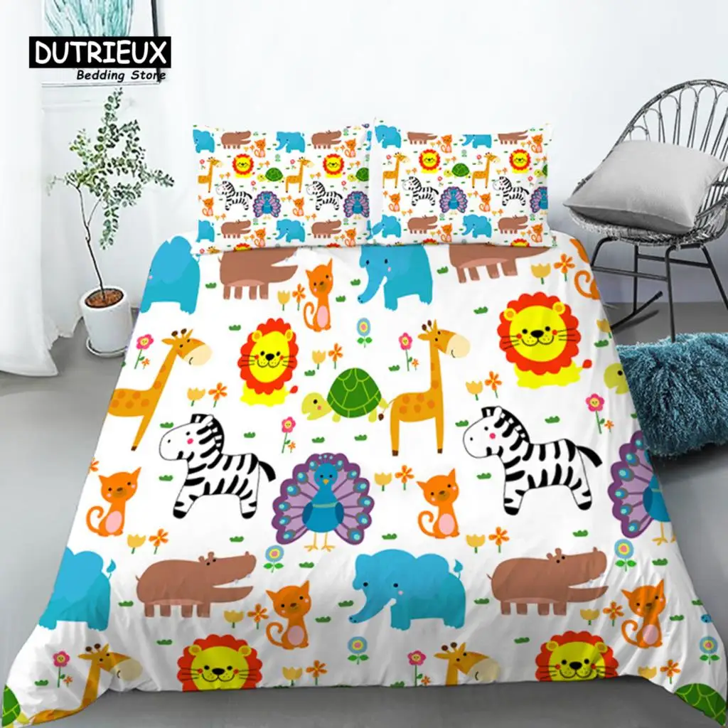 Cartoon Animals Toddler Bedding Set Twin Size For Kids Girls Boys Room Decor Birds Lions Fish Print Duvet Cover With Pillowcases