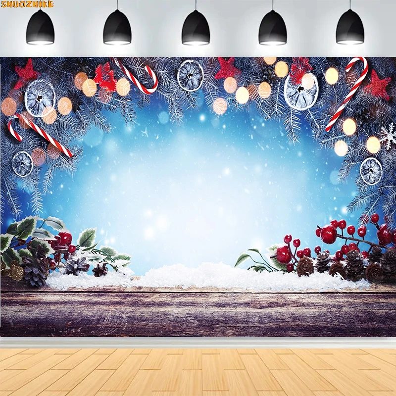 

Snowy Wooden Table Christmas Day Ornament Background Abstract New Year Party Halo Defocused Lights Photography Backdrops XA-04