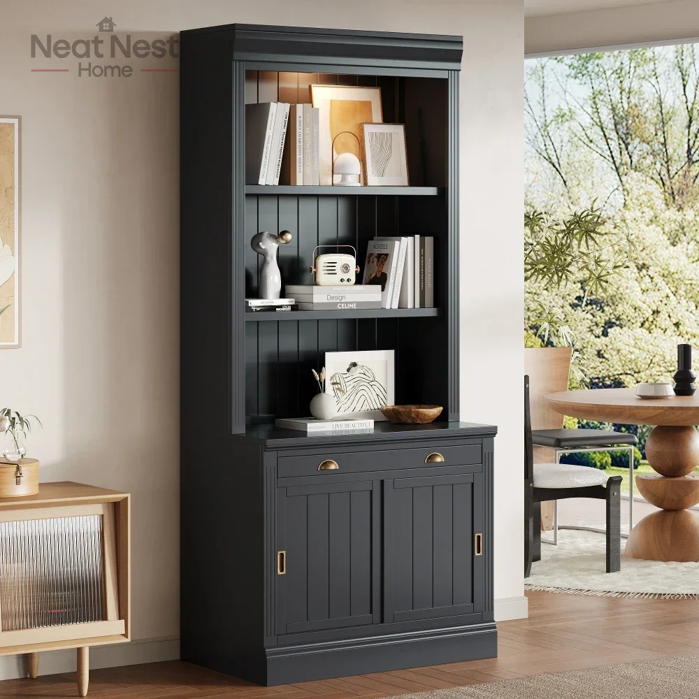 

Tall Bookshelf with LED Lighting, Modern Bookcase with Sliding Doors and Open Shelves,Storage Bookshelf for Home Office,Black