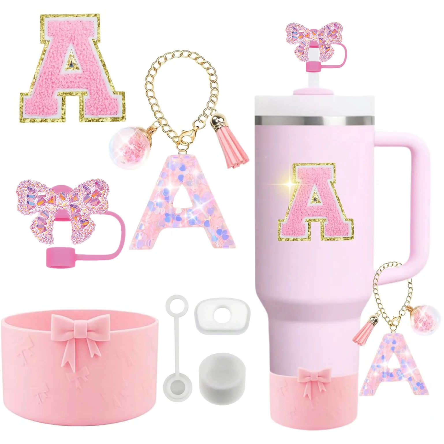7PCS Pink Accessories for Stanley Cup 30/40 oz Tumbler with Handle Bow Straw Topper Cover Cap Boot Initials Charm Letter Sticker