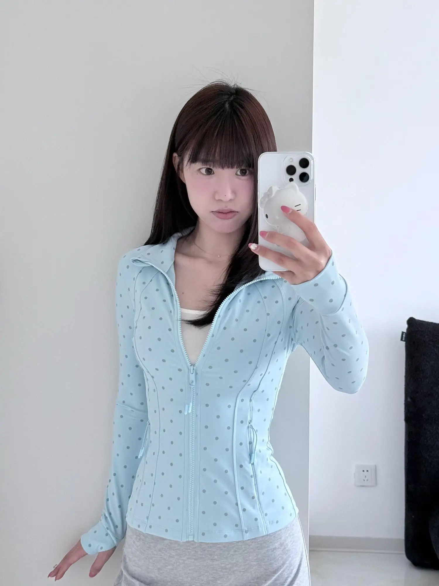 Women Lightweight Summer Sun Protection Jacket Polka Dot Stand‑Collar Zip Up Slim Fit Seamed Thumb Hole Athletic Outerwear Coat