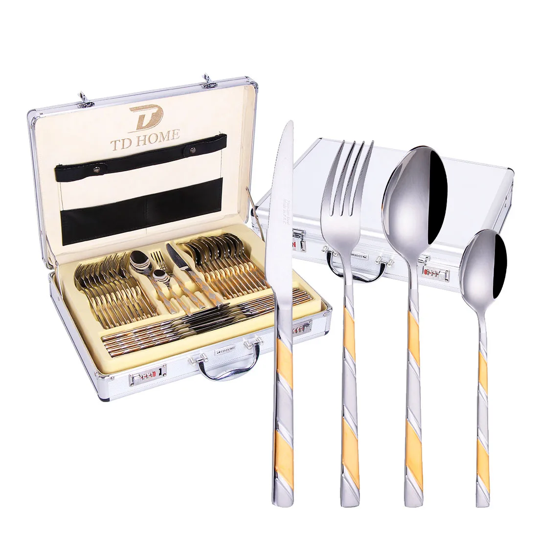 72 piece Royal  Gold Plated Luxury Cutlery Set  Wedding Gift  Flatware Set  With  Leather Aluminum Case