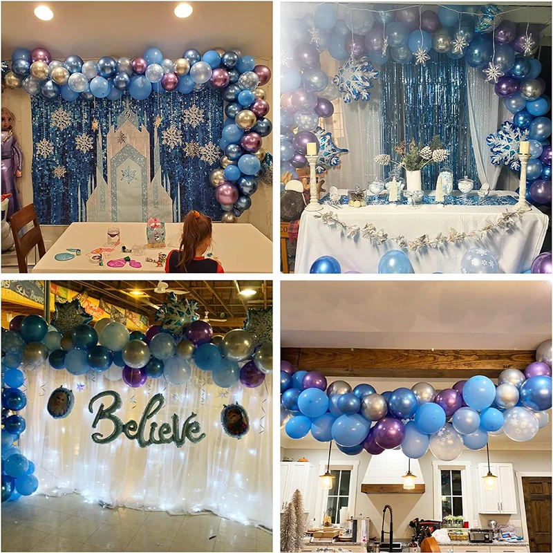 Kit de arco de guirnalda de globos de copo de nieve, 95 Uds., globo metálico azul púrpura plateado para decoraciones de fiesta de cumpleaños de niñas princesas