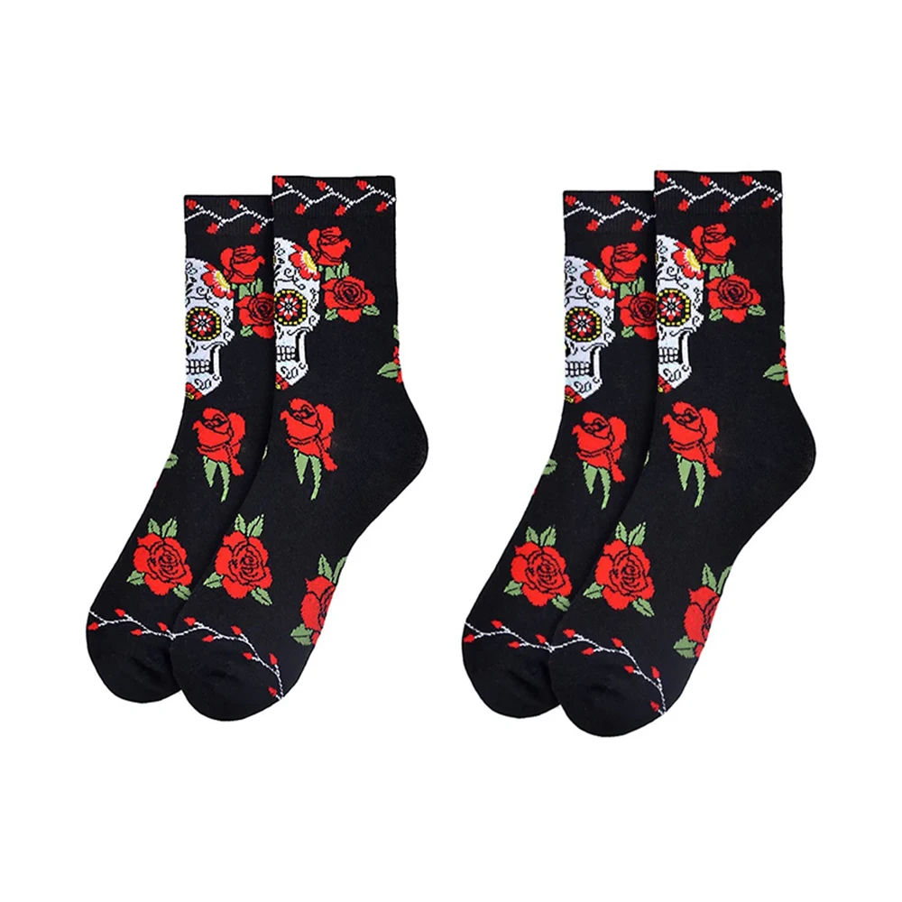 Ensemble de chaussettes unisexes Harajuku Skull Rose Crew, noir, coton, rétro, Boho, Hip Pop, rue, cadeaux, femmes, hommes, couple, mode, 2 paires