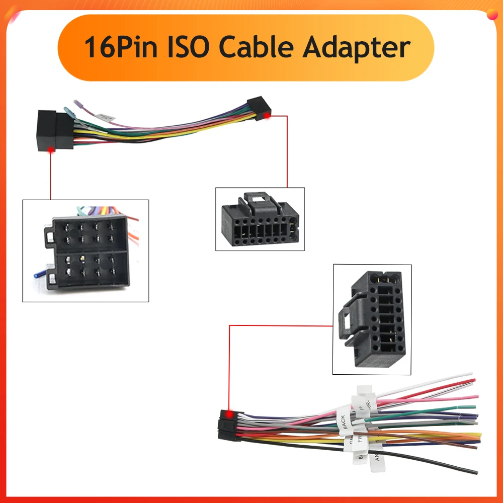 Car Stereo Radio 16 Pin ISO Cable Adapter ABS Universal Cable Accessories Male Plug To Female Connector Wiring Harness