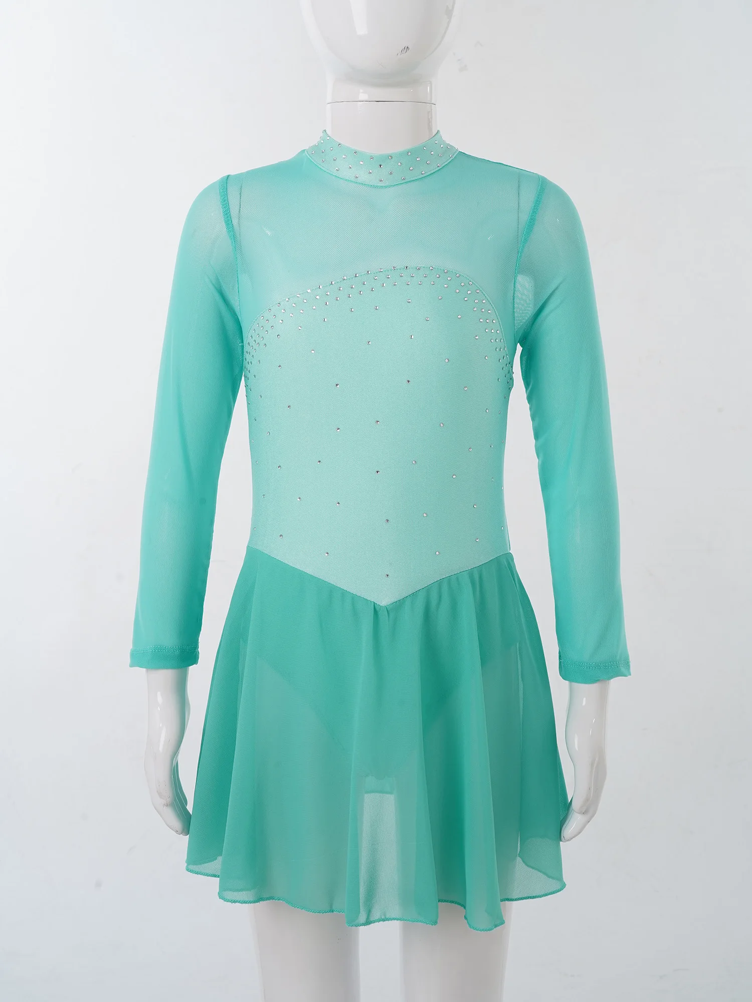 Kids Girls Professional Rhythmic Gymnastics Leotard Long Sleeves Tulle Splice Cutouts Girls Figure Ice Skating Competition Dress