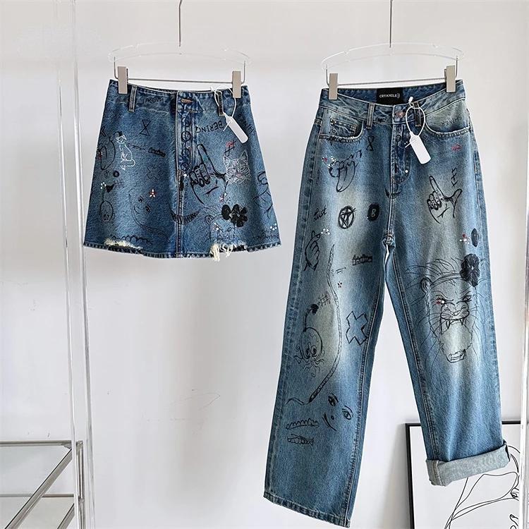 

Personality New Design Hot Drilling Print Graffiti Women Denim Skirt Pants 2023 Spring Summer High Waist Loose Straight Jeans