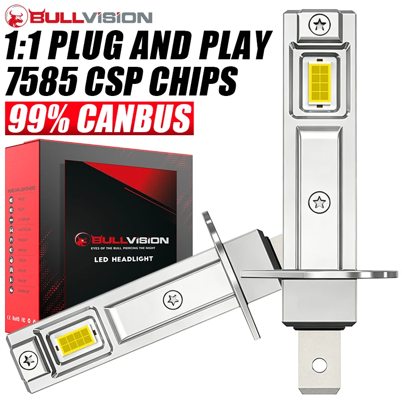 Bullvision 2Pcs Canbus LED Light Bulb H1 LED Headlight Mini Size Design Wireless Fanless For Car LED Lamp CSP Chip 16000LM White