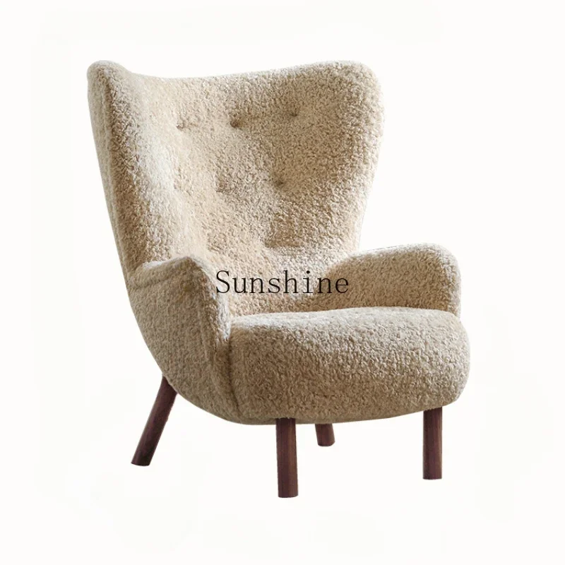 Solid wood lamb wool single high backrest walnut sofa chair